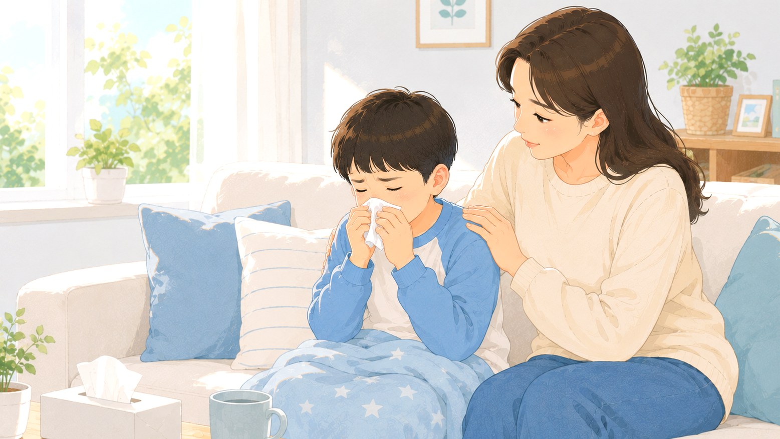 노원 축농증 – 휴지로 코를 푸는 아이를 다독이는 엄마