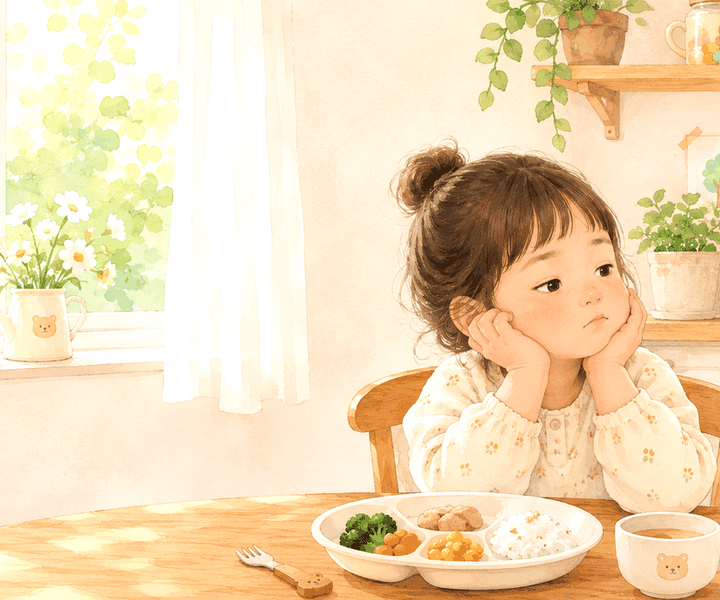 식판 앞에서 턱을 괴고 밥을 먹지 않는 여자아이