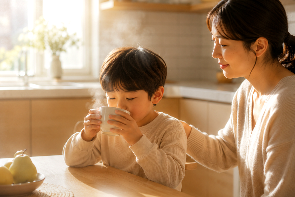 노원 기관지염 – 아이가 김이 오르는 컵으로 따뜻한 물을 마시는 모습