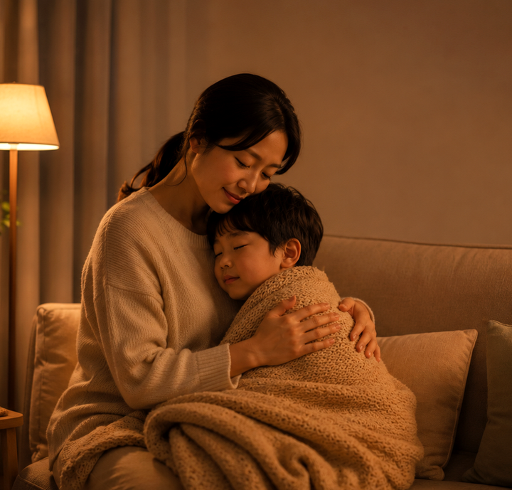 노원 기관지염 – 엄마가 담요로 감싼 아이를 품에 안고 있는 모습