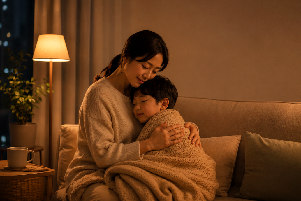 노원 기관지염 – 엄마가 담요로 감싼 아이를 품에 안고 있는 모습