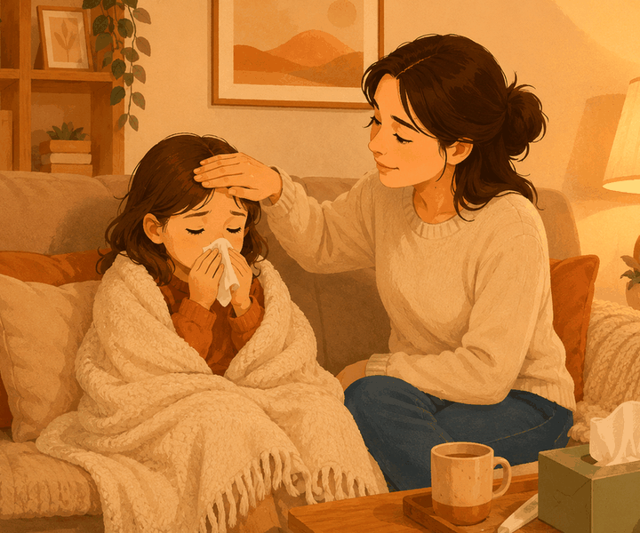 노원 코감기 – 거실 소파에서 담요 덮은 아이가 코를 풀고 엄마가 이마를 짚어 주는 모습