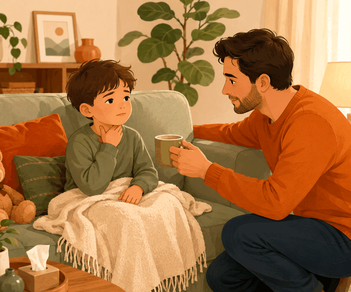 노원 소아 후두염 – 목 만지는 아이에게 물을 건네는 아빠