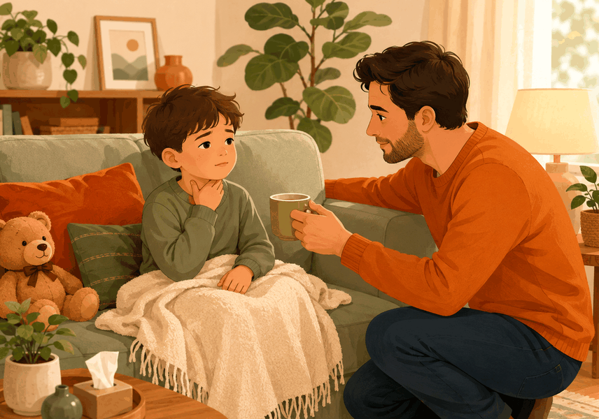 노원 소아 후두염 – 목 만지는 아이에게 물을 건네는 아빠