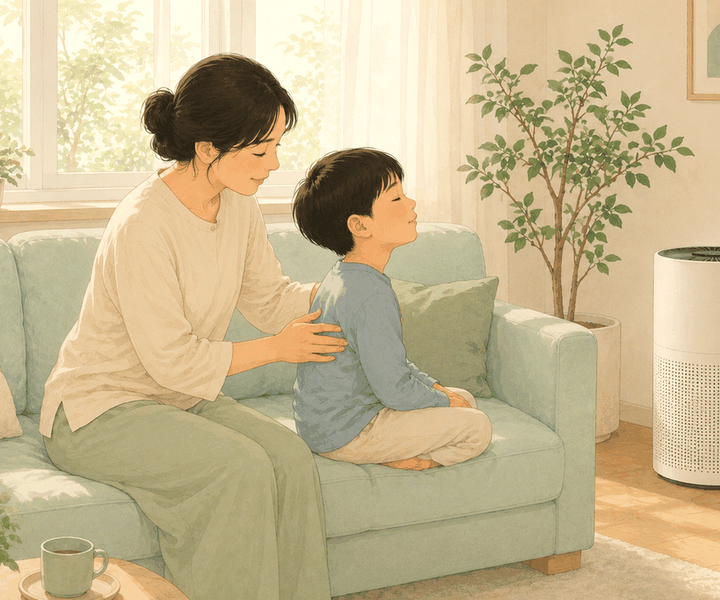 노원 아이누리한의원 천식 칼럼, 소파에서 아이 등을 쓸어주는 엄마와 공기청정기