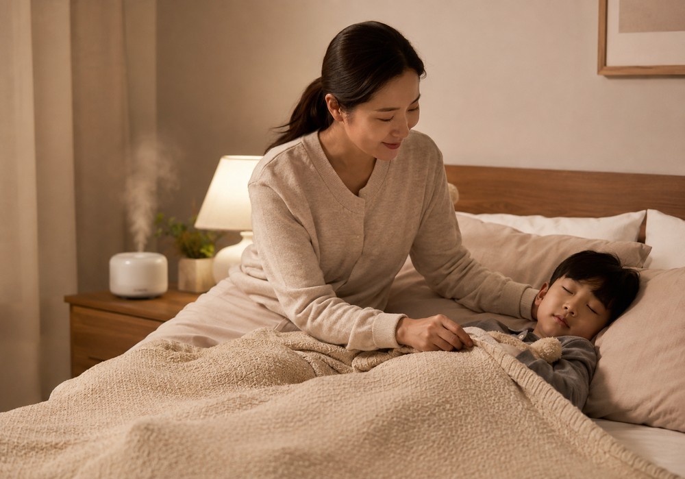 가습기가 놓인 침실에서 잠든 아이에게 이불을 덮어 주는 엄마