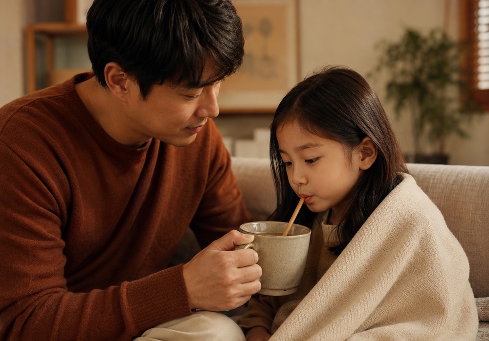 담요를 두른 아이에게 따뜻한 음료를 먹여 주는 아빠