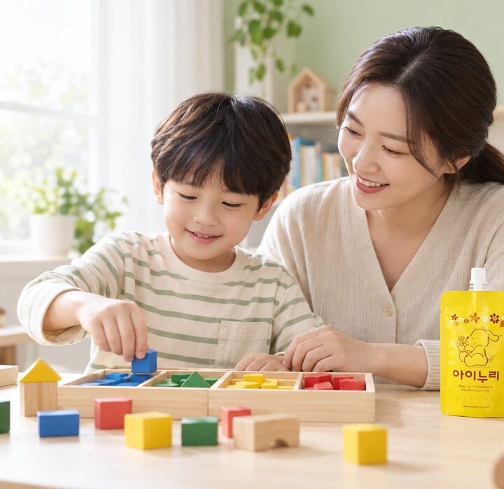 노원 틱장애한약 – 거실 책상에서 엄마와 남자아이가 나무 도형 블록을 맞추며 노는 장면