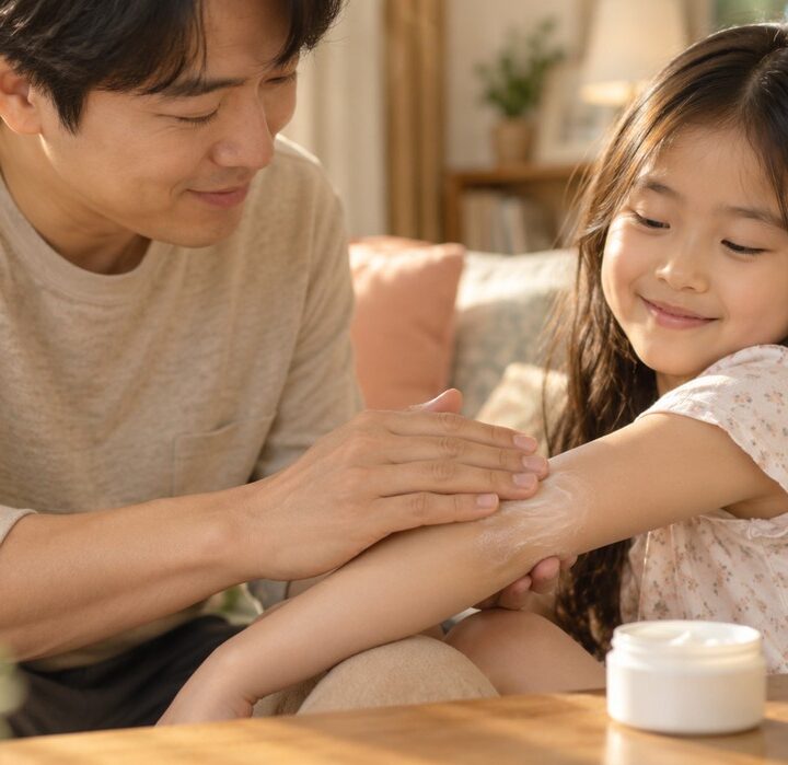 낮 거실에서 베이지 상의를 입은 아빠가 꽃무늬 원피스 여자아이의 팔에 보습 크림을 발라주는 모습