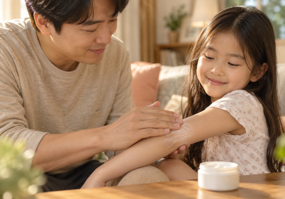 낮 거실에서 베이지 상의를 입은 아빠가 꽃무늬 원피스 여자아이의 팔에 보습 크림을 발라주는 모습