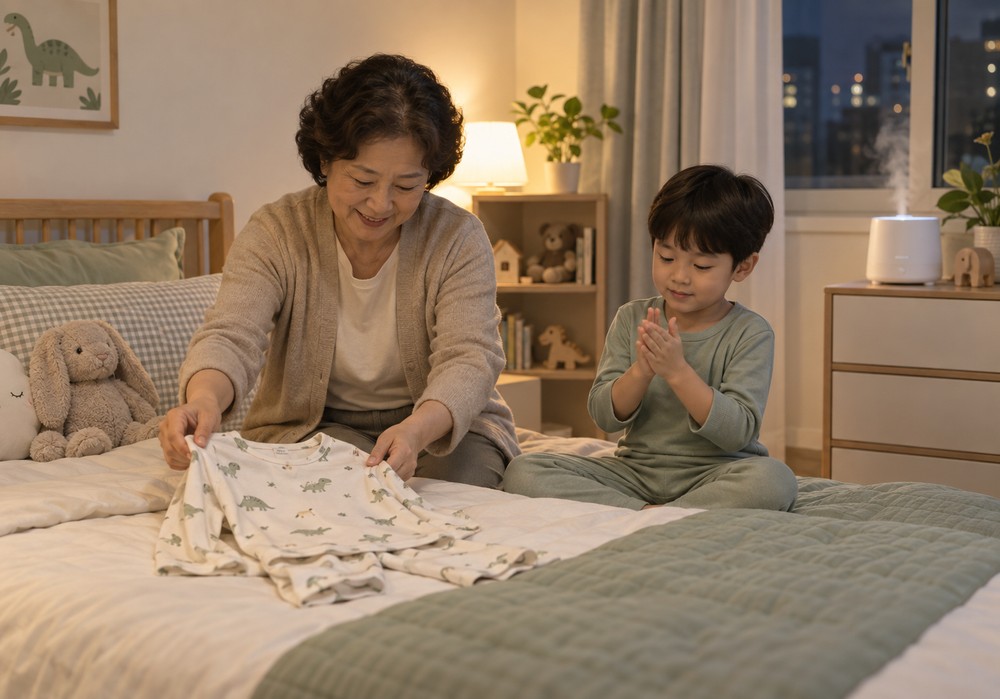 밤 침실에서 베이지 가디건을 입은 할머니가 순면 잠옷을 펼쳐 보이고, 초록 잠옷 남자아이가 침대에 앉아 손을 비비는 모습