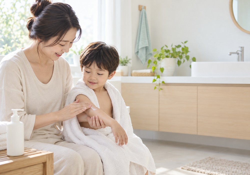 밝은 욕실에서 아이보리 상의를 입은 엄마가 목욕 후 흰 수건을 두른 남자아이의 팔에 로션을 발라주는 모습