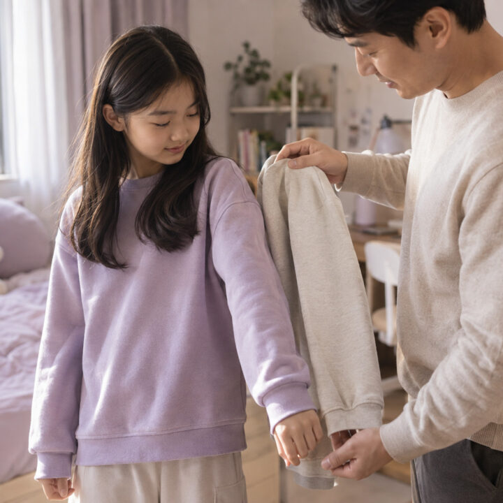 노원 성장판 검사 시기 – 보호자가 아이의 옷 소매 길이를 살펴보는 모습