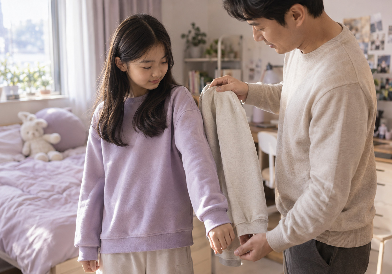 노원 성장판 검사 시기 – 보호자가 아이의 옷 소매 길이를 살펴보는 모습