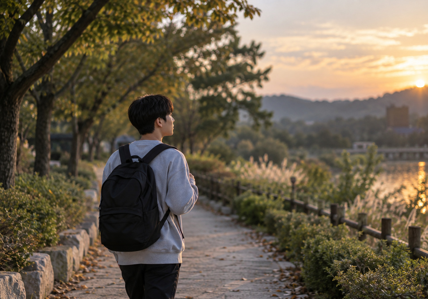 노원 수험생 불안 – 해 질 무렵 배낭을 멘 남학생이 물가의 산책길에서 풍경을 바라보는 모습