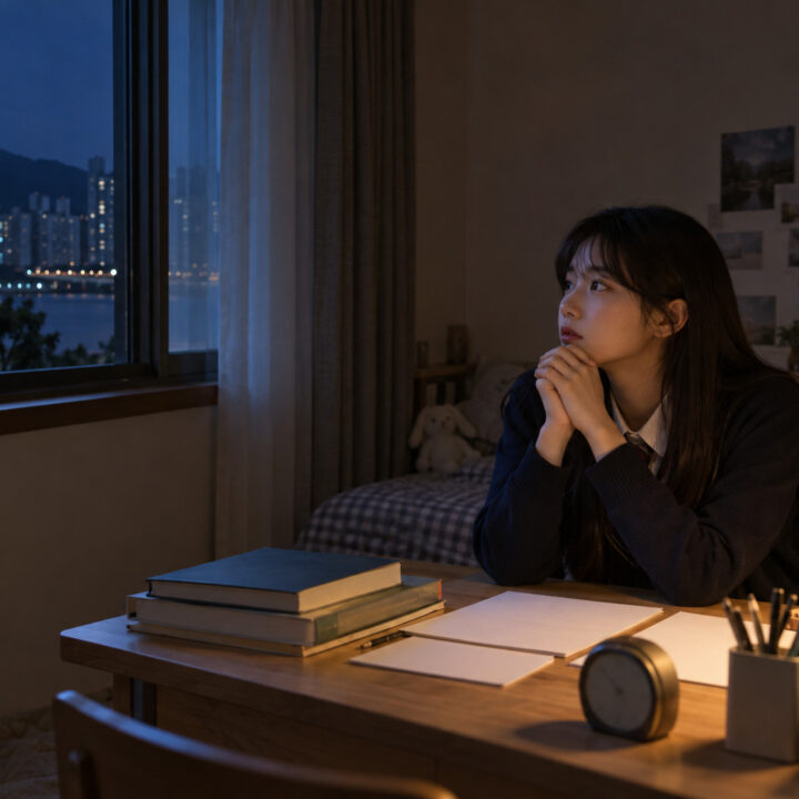 노원 수험생 불안 – 밤에 책과 노트가 놓인 책상에 앉은 여학생이 두 손을 모으고 창밖을 바라보는 모습