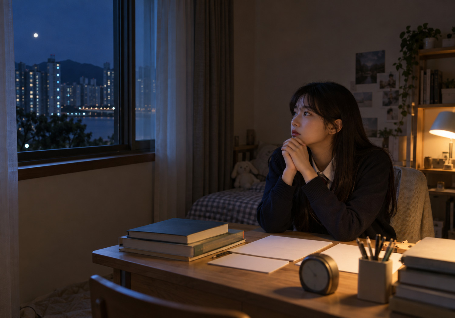 노원 수험생 불안 – 밤에 책과 노트가 놓인 책상에 앉은 여학생이 두 손을 모으고 창밖을 바라보는 모습