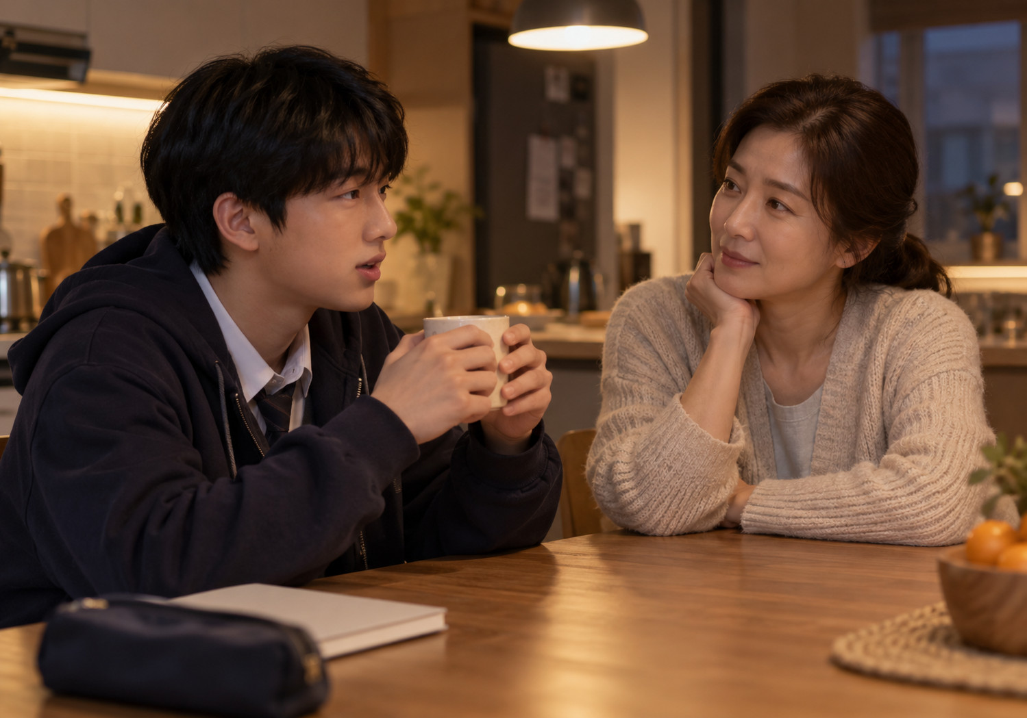 노원 수험생 불안 – 교복 위에 후드 집업을 입은 남학생이 컵을 들고 엄마와 식탁에서 대화하는 모습