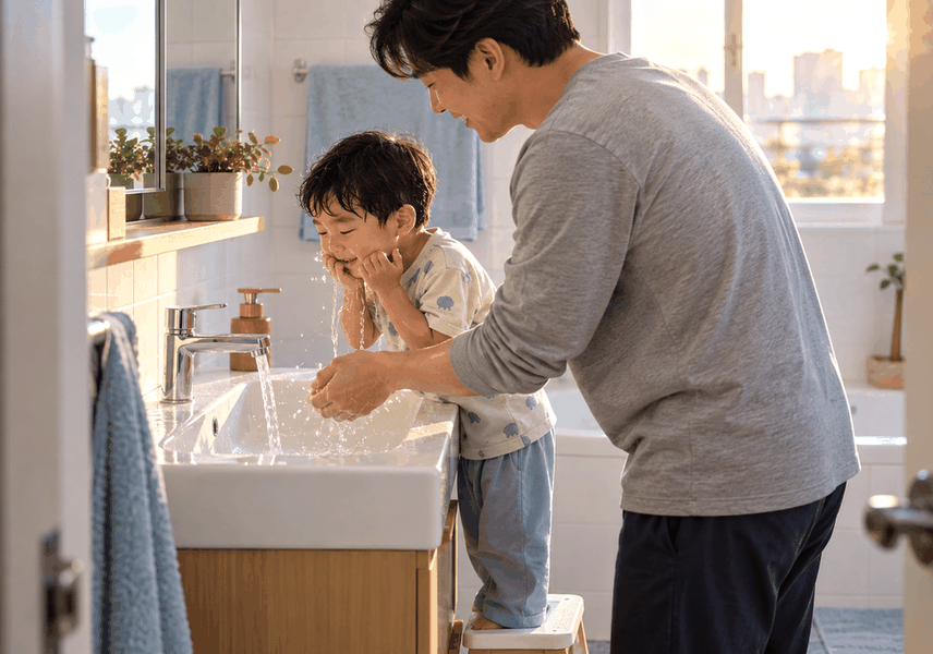집에서 아이의 콧물 상태를 확인하는 부모 모습