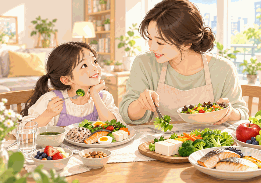 성조숙증 식이를 살피며 식탁에서 아이와 함께 식사하는 엄마 일러스트