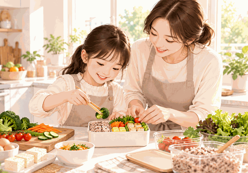 아이와 함께 채소 도시락을 준비하는 성조숙증 식이 관리 일러스트