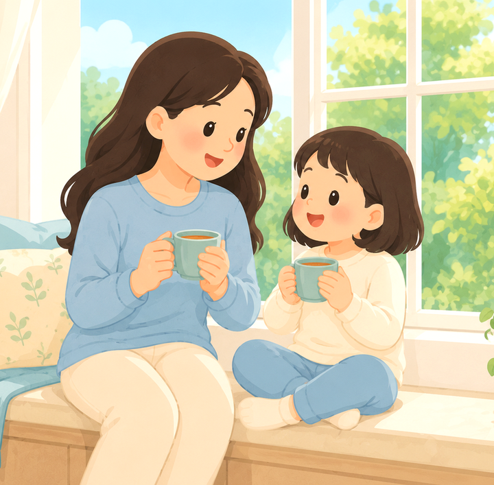 목동 후비루 – 엄마와 아이가 창가에서 따뜻한 차를 마시는 모습