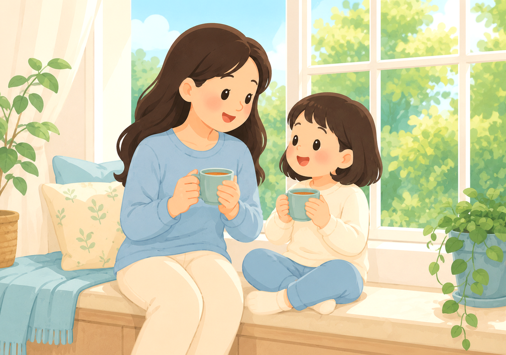 목동 후비루 — 엄마와 아이가 창가에서 따뜻한 차를 마시는 모습