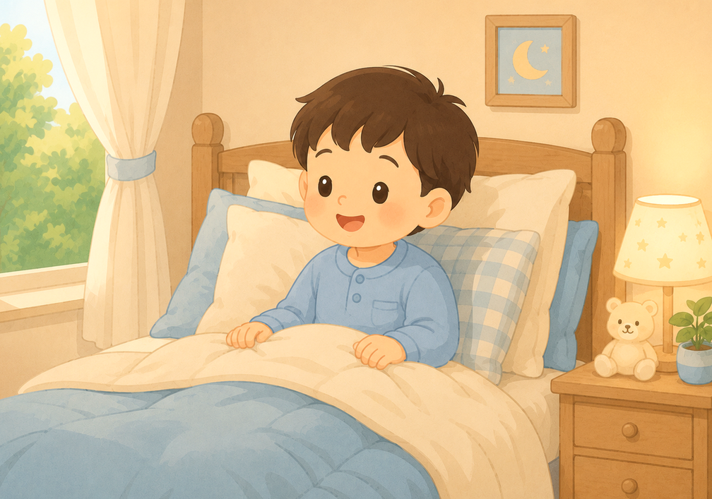 목동 후비루 — 아이가 침대에서 개운한 표정으로 일어난 모습