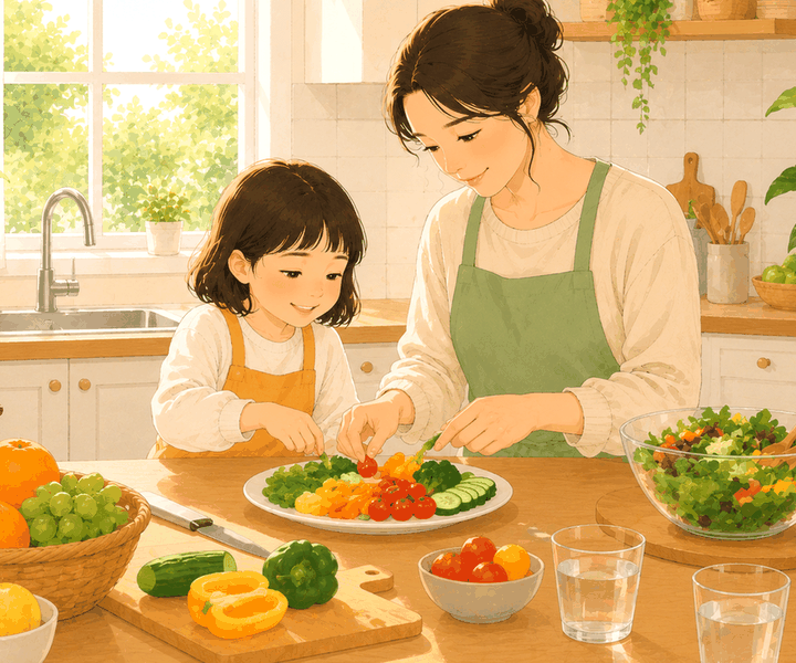 밝은 주방에서 앞치마를 두른 엄마와 아이가 접시에 채소를 담으며 요리하는 장면