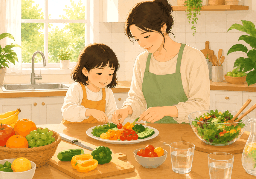 목동 소아비만 — 아이와 함께 건강한 식사를 준비하는 장면