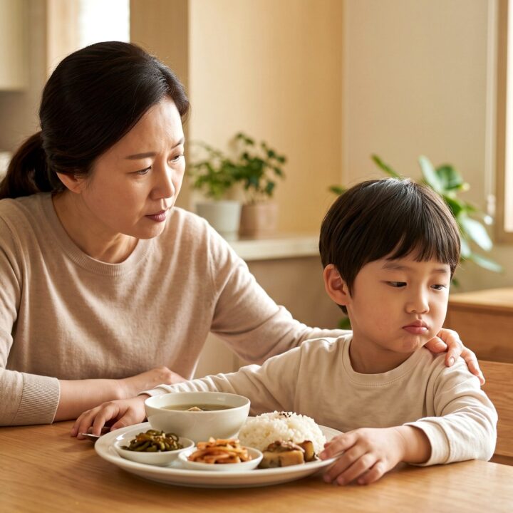 식탁에서 밥을 앞에 두고 입맛 없어 하는 남자아이와 곁을 지키는 엄마