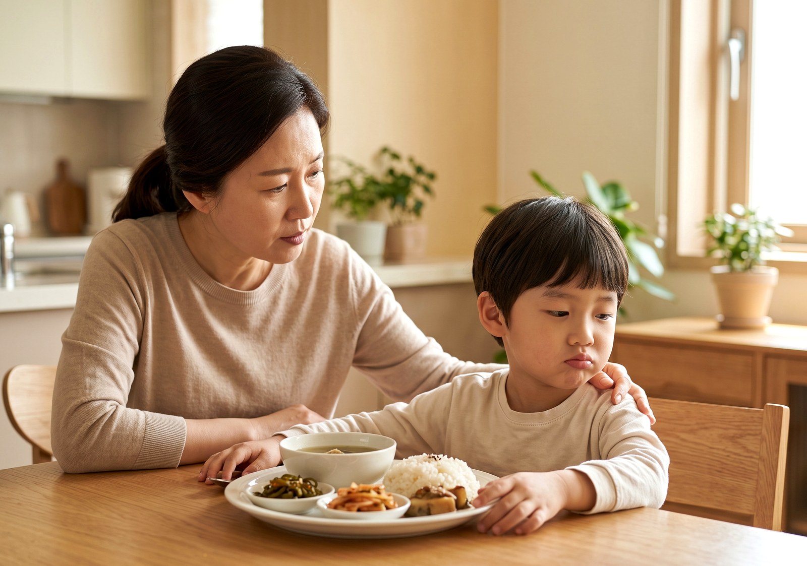 목동 식욕부진 — 식탁에서 밥을 앞에 두고 입맛 없어 하는 남자아이와 곁을 지키는 엄마