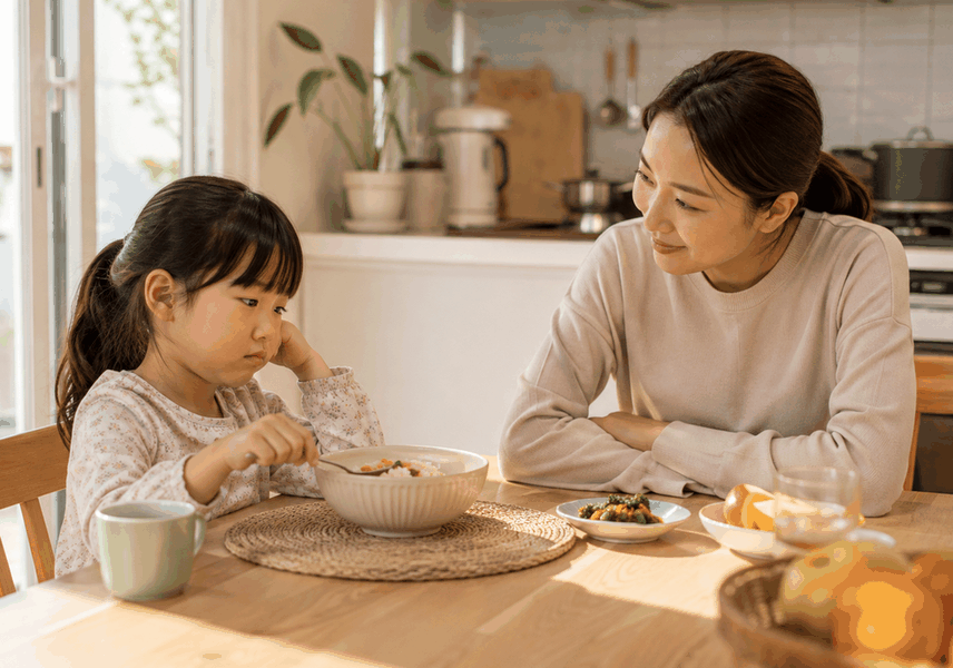 식탁에서 죽을 앞에 두고 손으로 턱을 괸 채 밥을 먹지 않는 여자아이