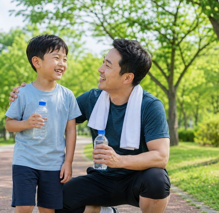 목동 소아 변비 – 공원에서 아빠와 아이가 물을 마시는 장면