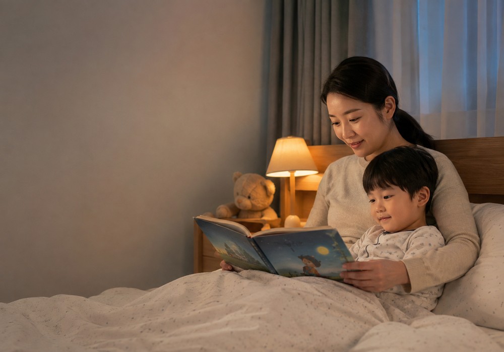 목동 야경증 — 밤중에 갑자기 깨어 우는 아이를 부모가 안고 다독이는 모습