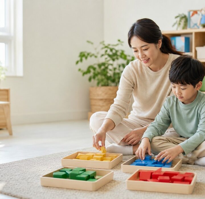 목동 어린이ADHD – 엄마와 아이가 색깔 블록을 맞추는 모습