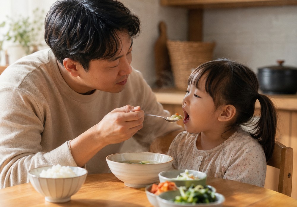 베이지 니트를 입은 아빠가 국이 담긴 그릇 앞에서 딸에게 숟가락으로 음식을 먹여주는 모습