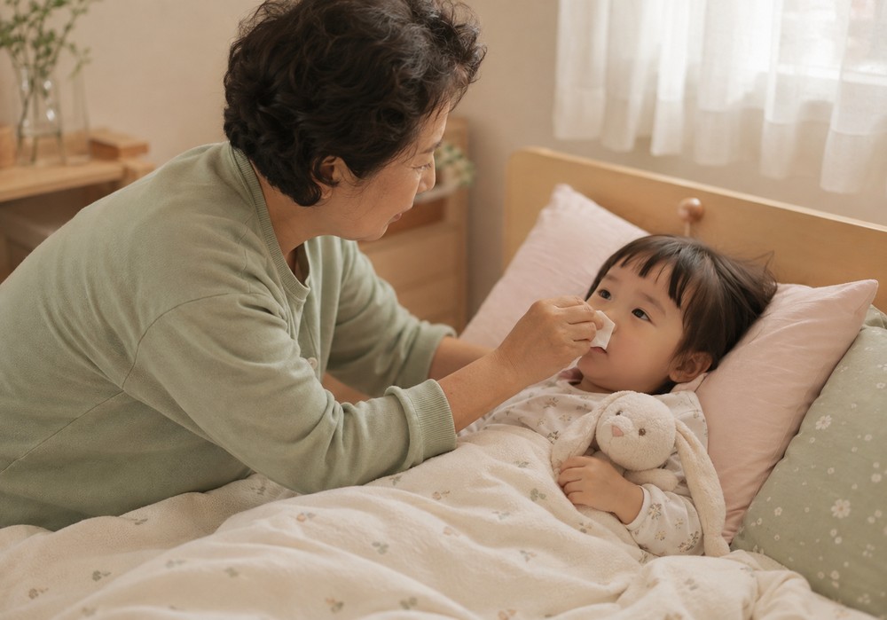 연두색 가디건을 입은 할머니가 침대에 누운 여아의 코를 휴지로 닦아주는 모습