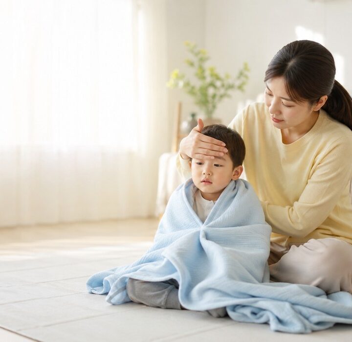 노란 니트를 입은 엄마가 바닥에 앉아 파란 담요를 두른 남아의 이마를 손으로 짚어보는 모습