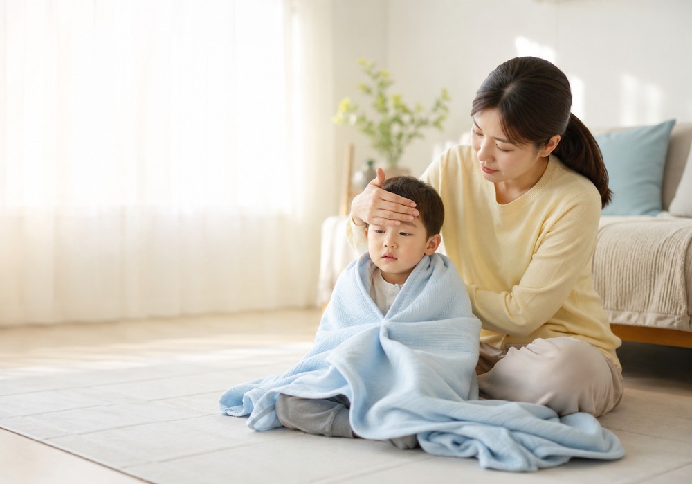 노란 니트를 입은 엄마가 바닥에 앉아 파란 담요를 두른 남아의 이마를 손으로 짚어보는 모습