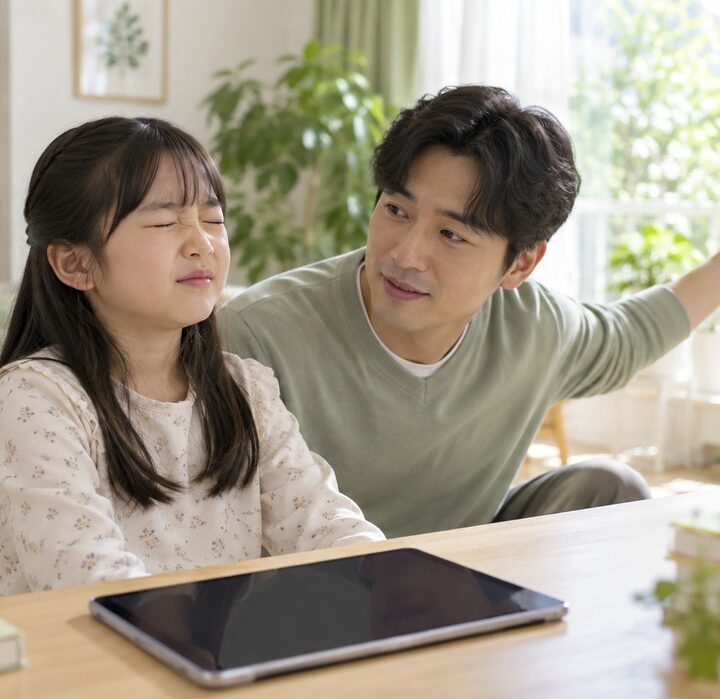 꽃무늬 상의 여자아이가 눈을 찡그리고 옆에서 녹색 상의 아빠가 어깨를 감싸며 창밖을 가리키는 모습