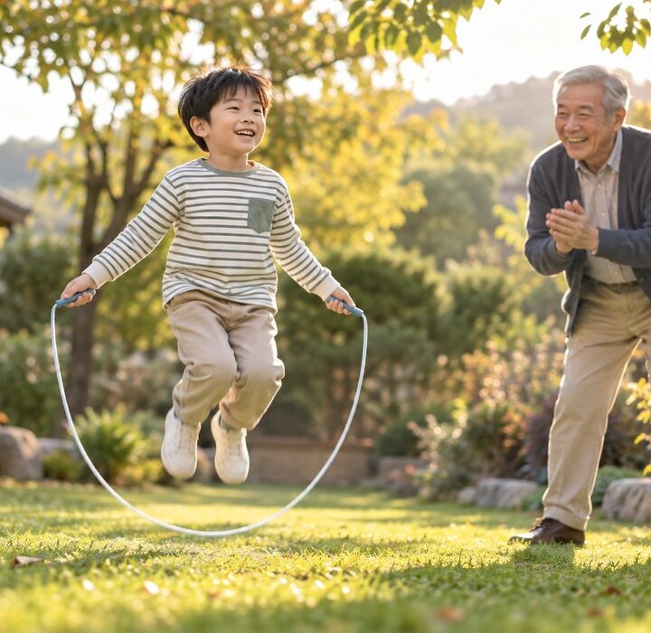 목동 성장속도 느린 아이 – 햇살 드는 정원에서 줄넘기를 하며 활기차게 뛰는 남자아이와 옆에서 응원하는 할아버지
