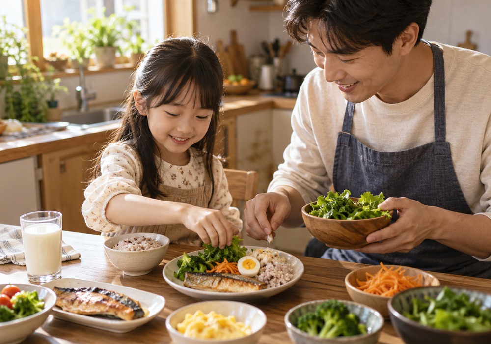 아이가 아침 식탁에서 밥과 반찬을 먹는 모습