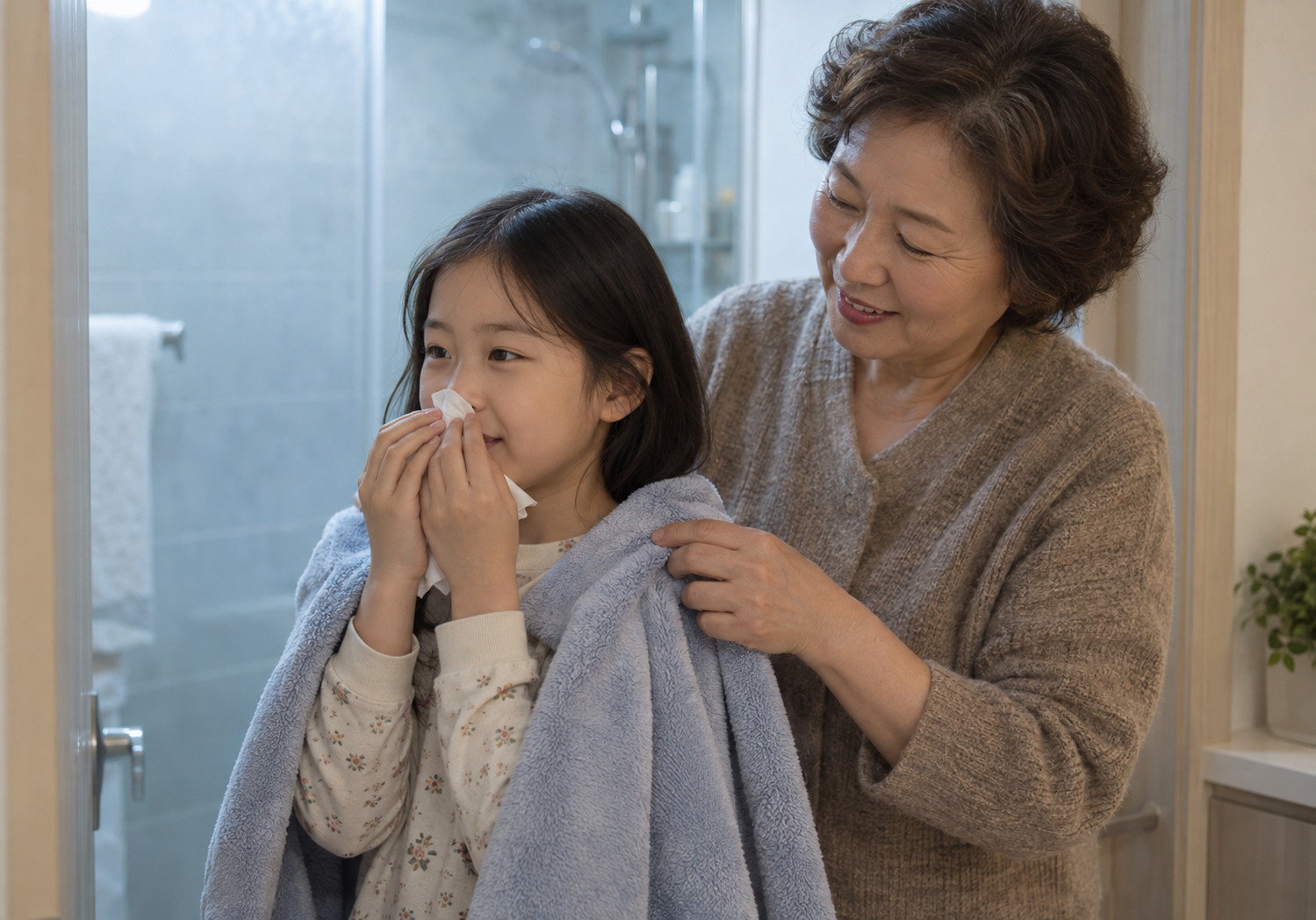 목동 부비동염 누런 콧물 – 여자아이가 코에 휴지를 대고 있고 할머니가 어깨에 수건을 둘러 주는 모습