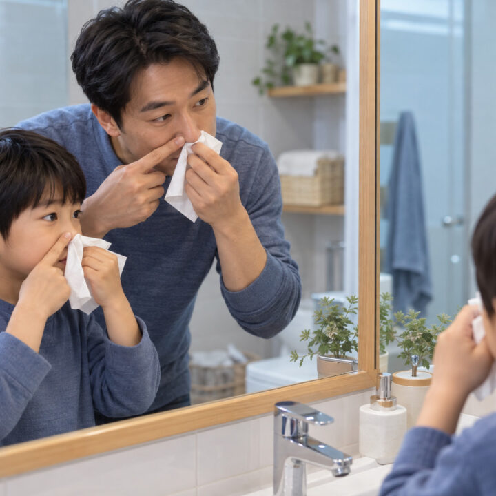 목동 목 뒤로 넘어가는 콧물 – 아빠와 남자아이가 욕실 거울을 보며 휴지로 코를 닦는 장면
