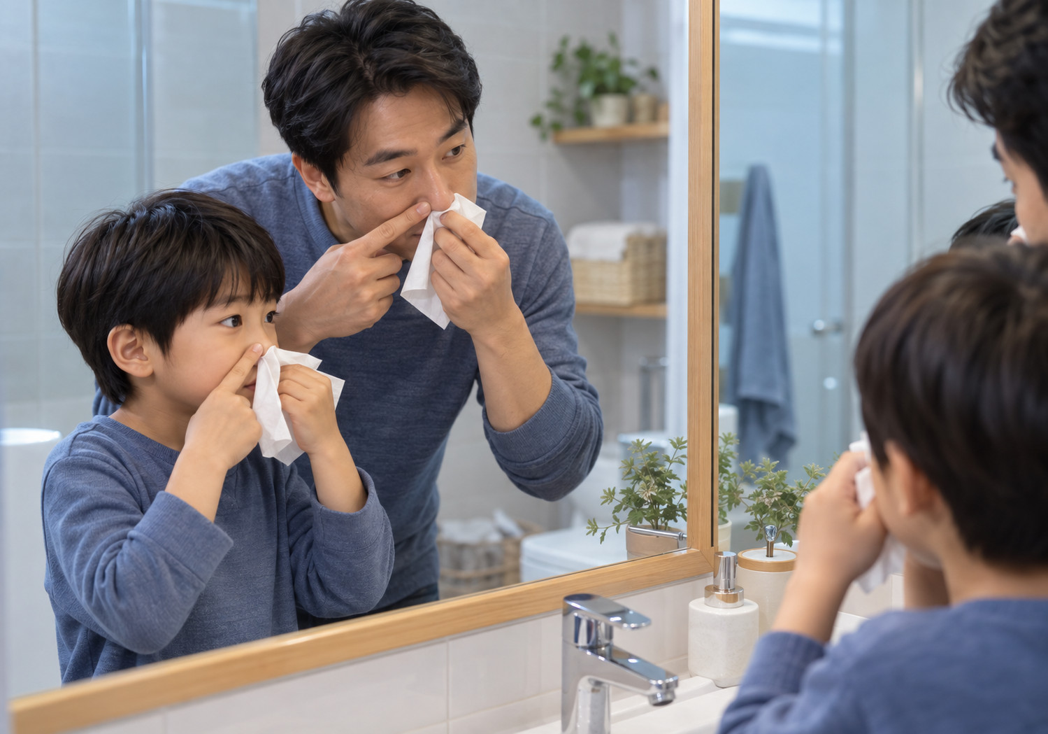 목동 목 뒤로 넘어가는 콧물 – 아빠와 남자아이가 욕실 거울을 보며 휴지로 코를 닦는 장면