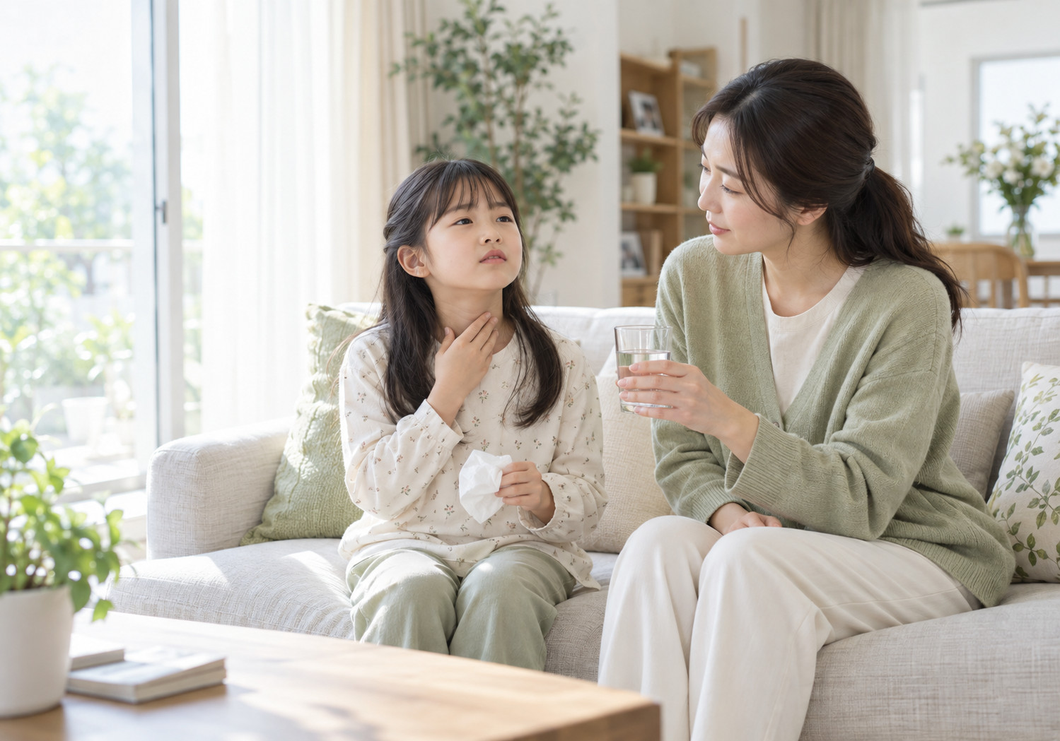 목동 목 뒤로 넘어가는 콧물 – 목이 불편한 듯 손을 댄 여자아이에게 엄마가 물을 건네며 살펴보는 장면