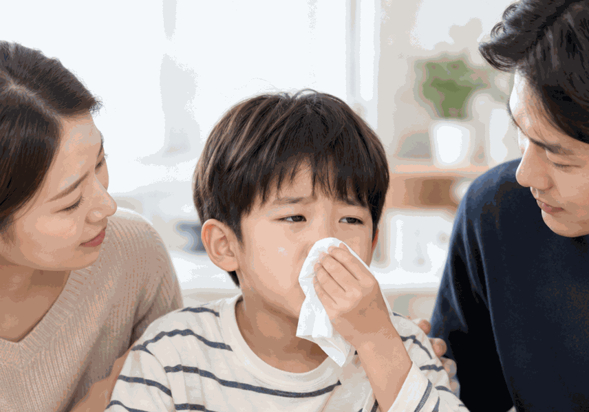 코를 풀며 힘들어하는 아이를 곁에서 살피는 부모