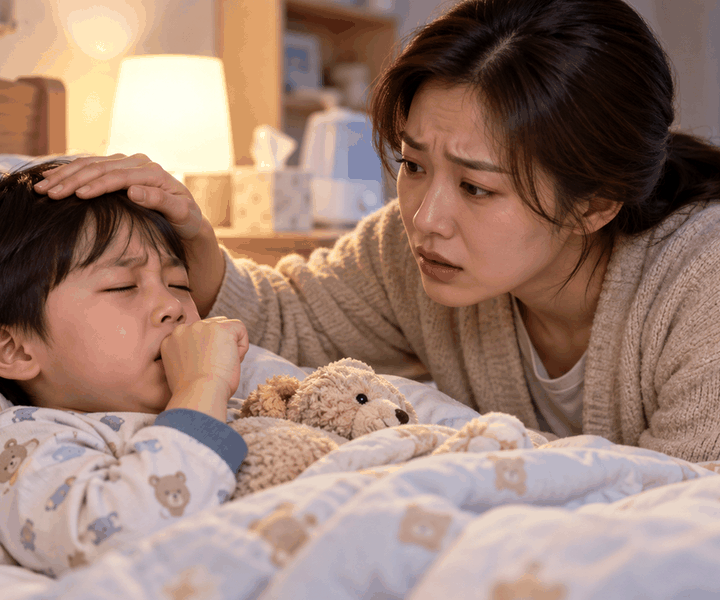 목동아이기침감기 – 감기로 입을 가리고 반복해서 기침하는 아이