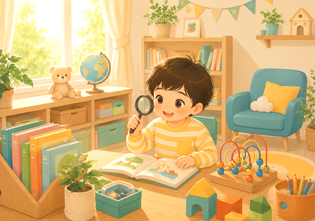 성북 ADHD – 돋보기로 책을 살펴보는 아이